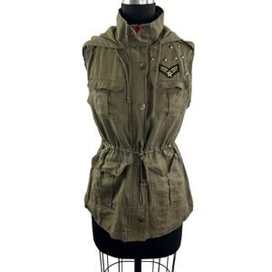 LOVE TREE Olive Green Linen Sleeveless Cinched Waist Military Hooded Vest Top S?